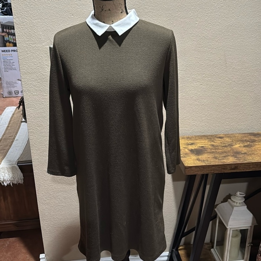Zara Olive Green midi sheath dress with long sleeves and a peter pan collar L